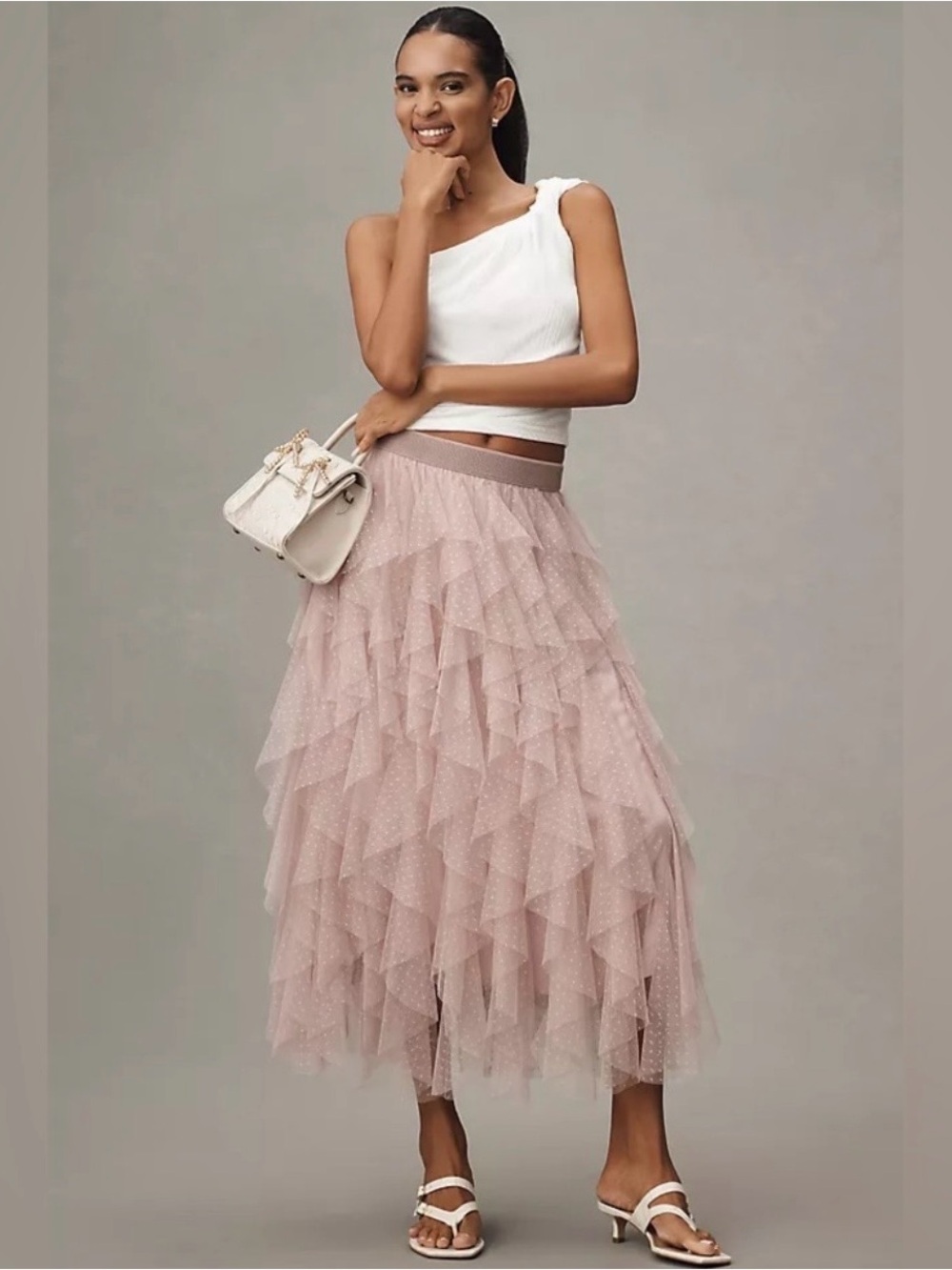 Anthropologie The Chéri Ruffled Tulle Midi Skirt Mauve Rose